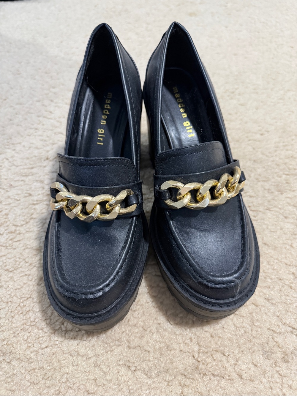 Madden Girl Black Loafers with Gold Chain Accent
